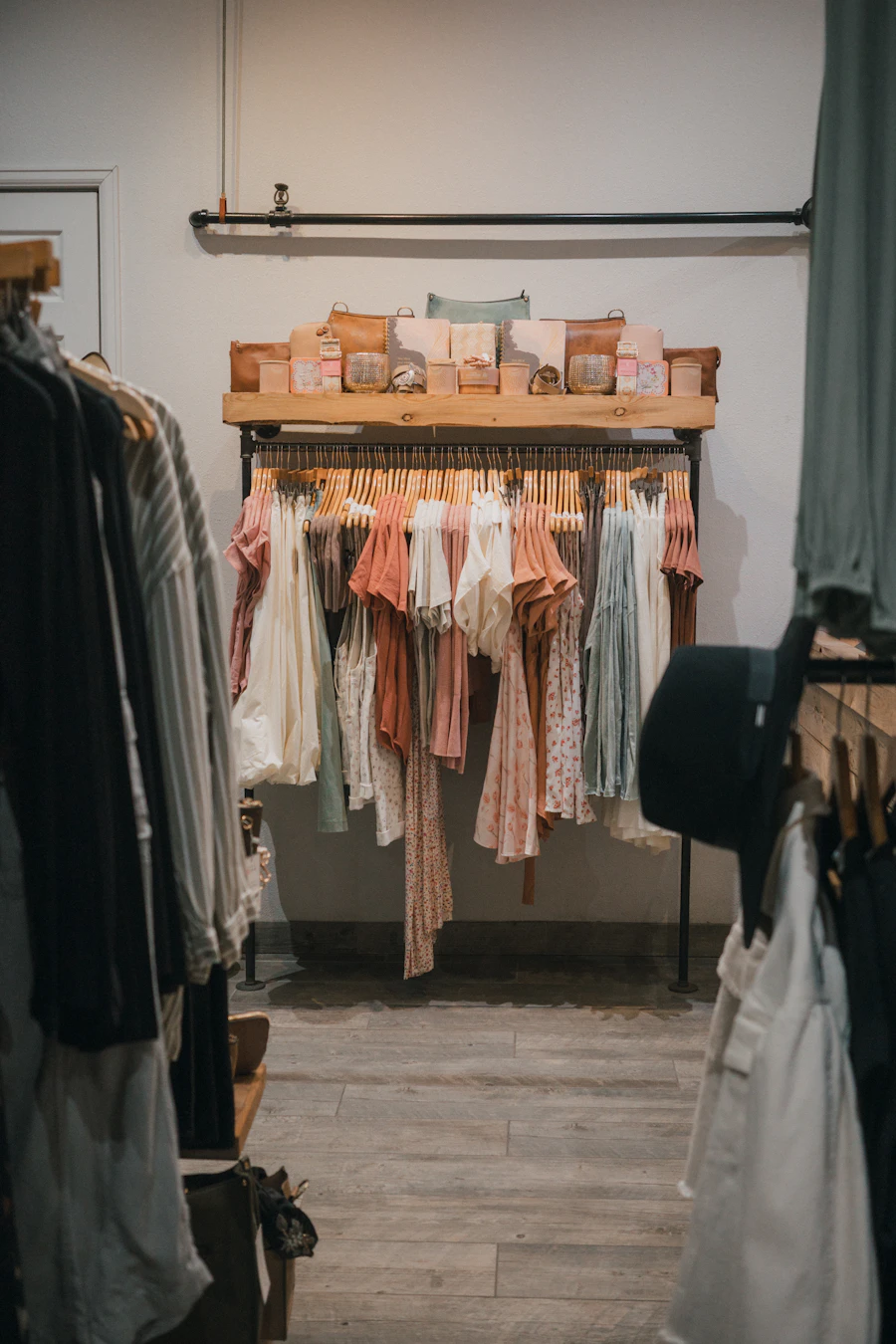 Elegant women's clothing displayed in a boutique setting